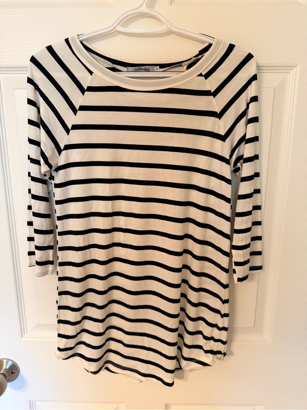 Tickled Teal White & Black Striped 3/4 Sleeve Top NWOT